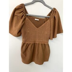 Maurices Brown Solid Crochet Bodice Peplum Top Women's S